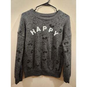 Disney Mickey Mouse Happy Sweatshirt Womens XS Charcoal Grey All Over Print Crew